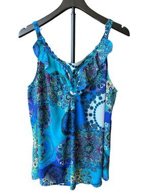 Avenue 18/20 Blue Paisley Ruffle Front Sleeveless Top